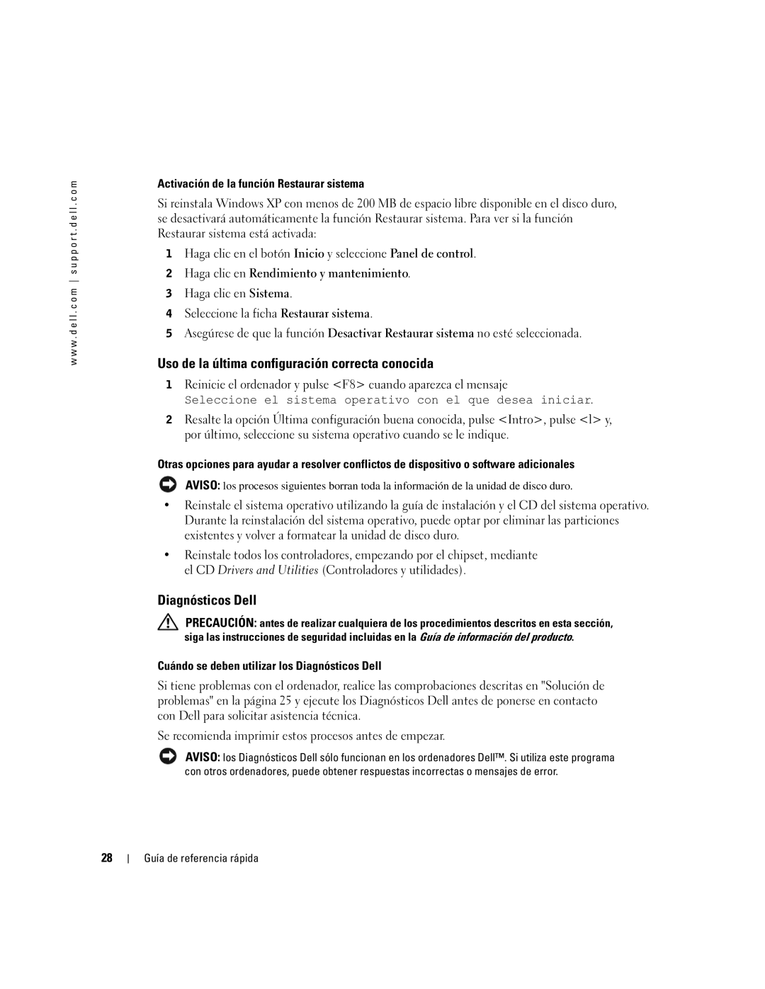 Dell dell precision workstation 370 systems manual Uso de la última configuración correcta conocida, Diagnósticos Dell 