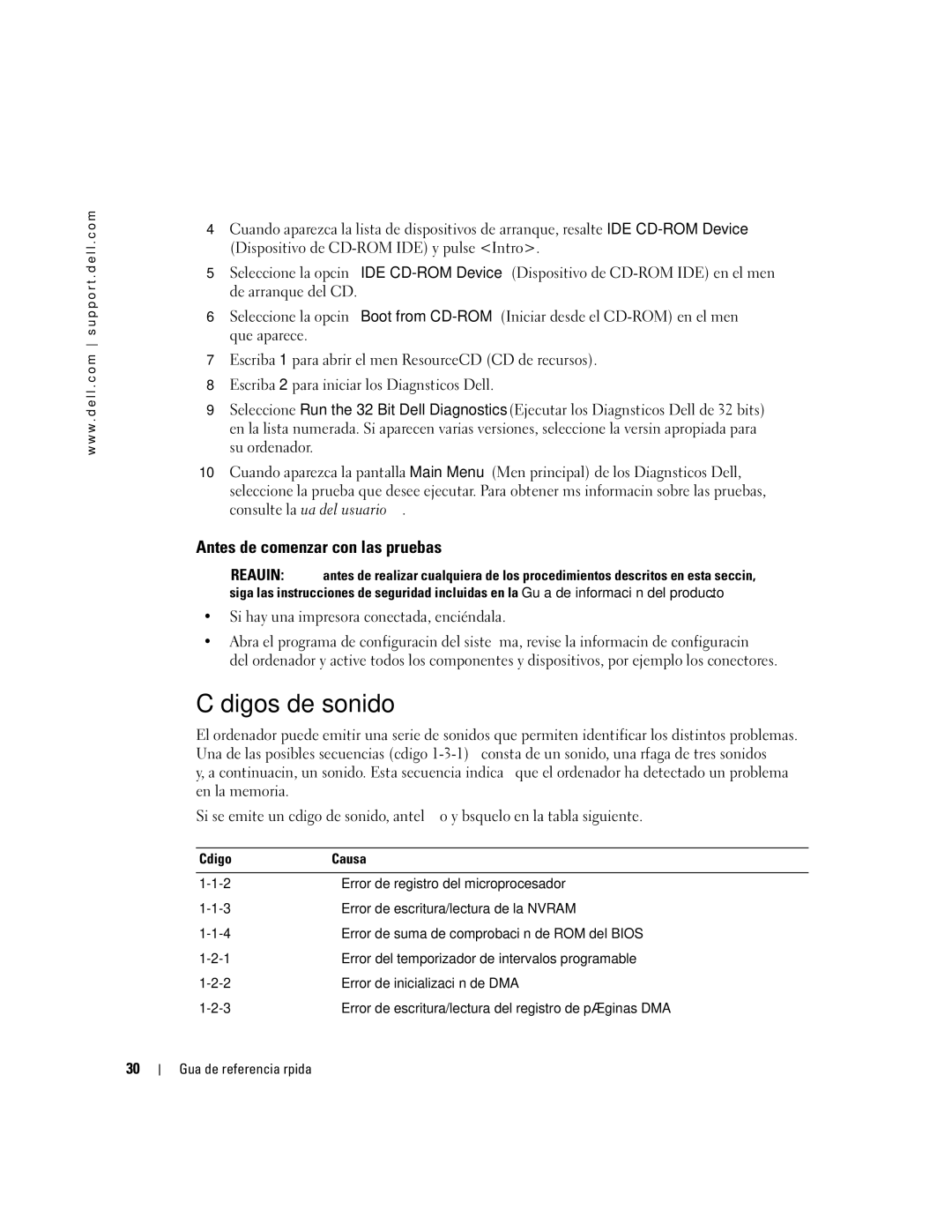 Dell dell precision workstation 370 systems manual Códigos de sonido, Antes de comenzar con las pruebas 