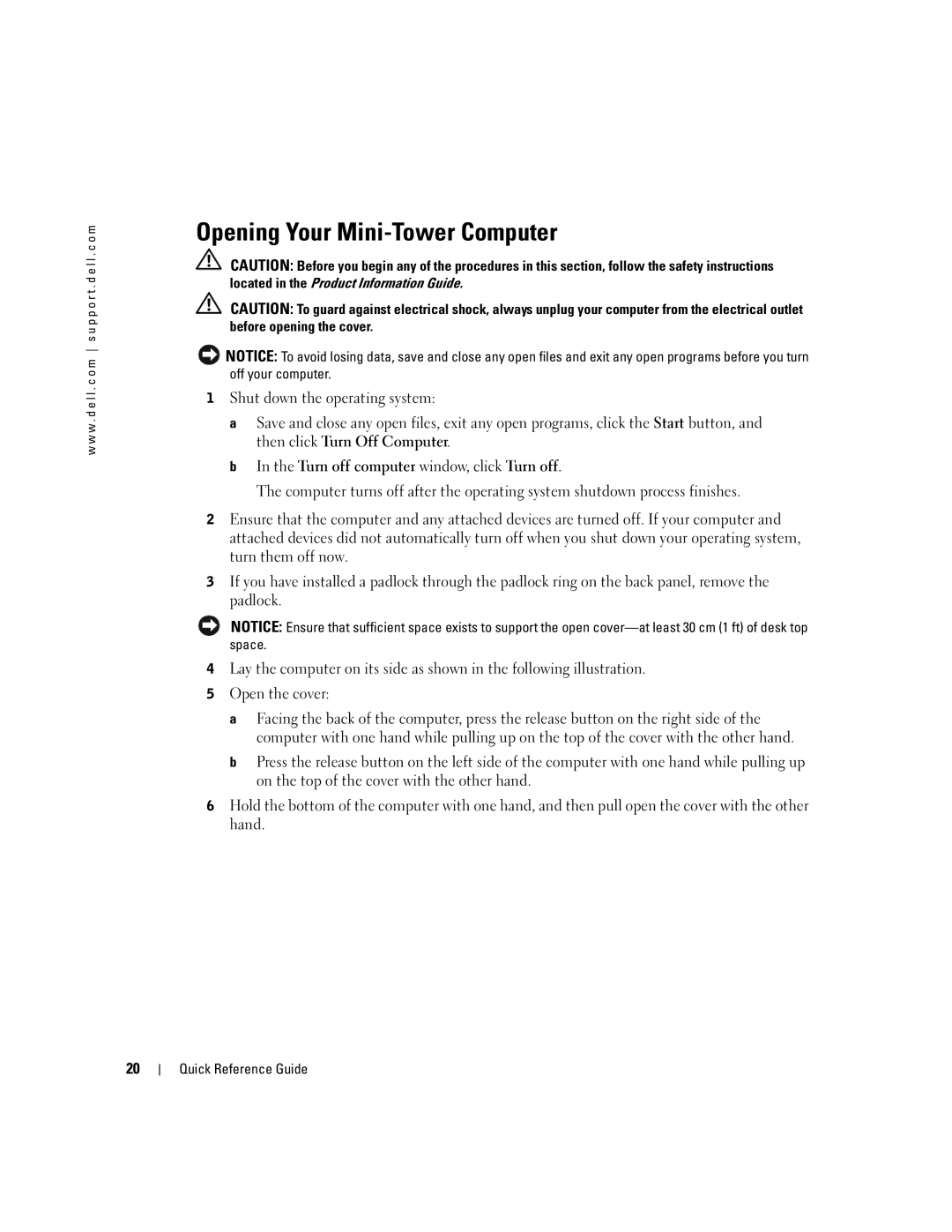 Dell dell precision workstation 370 systems manual Opening Your Mini-Tower Computer 