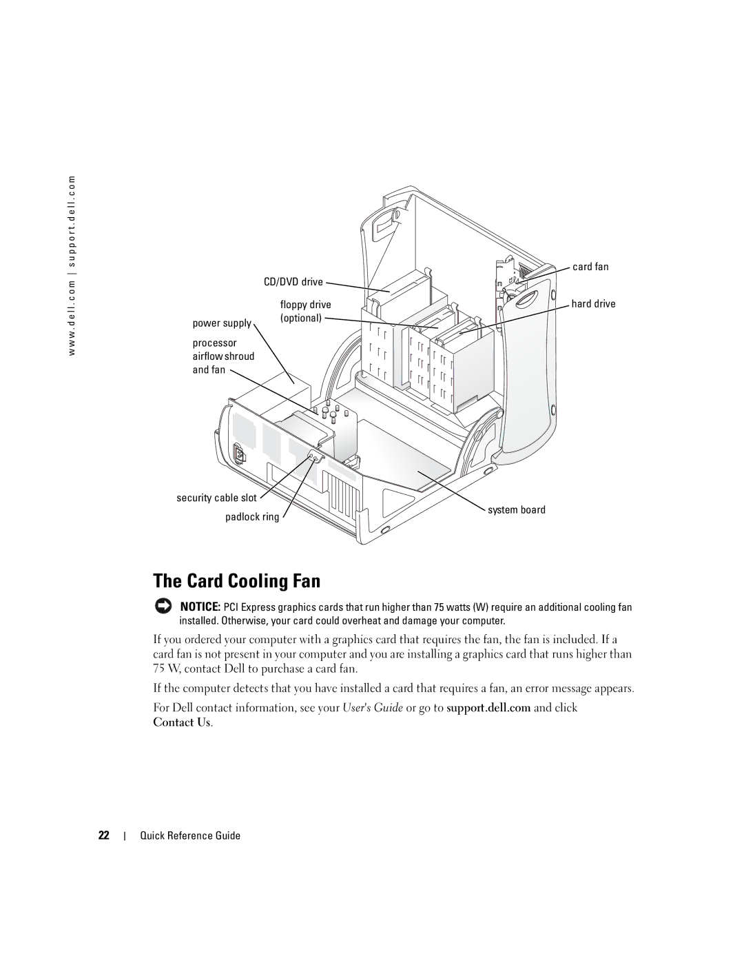 Dell dell precision workstation 370 systems manual Card Cooling Fan, CD/DVD drive, Power supply Optional 