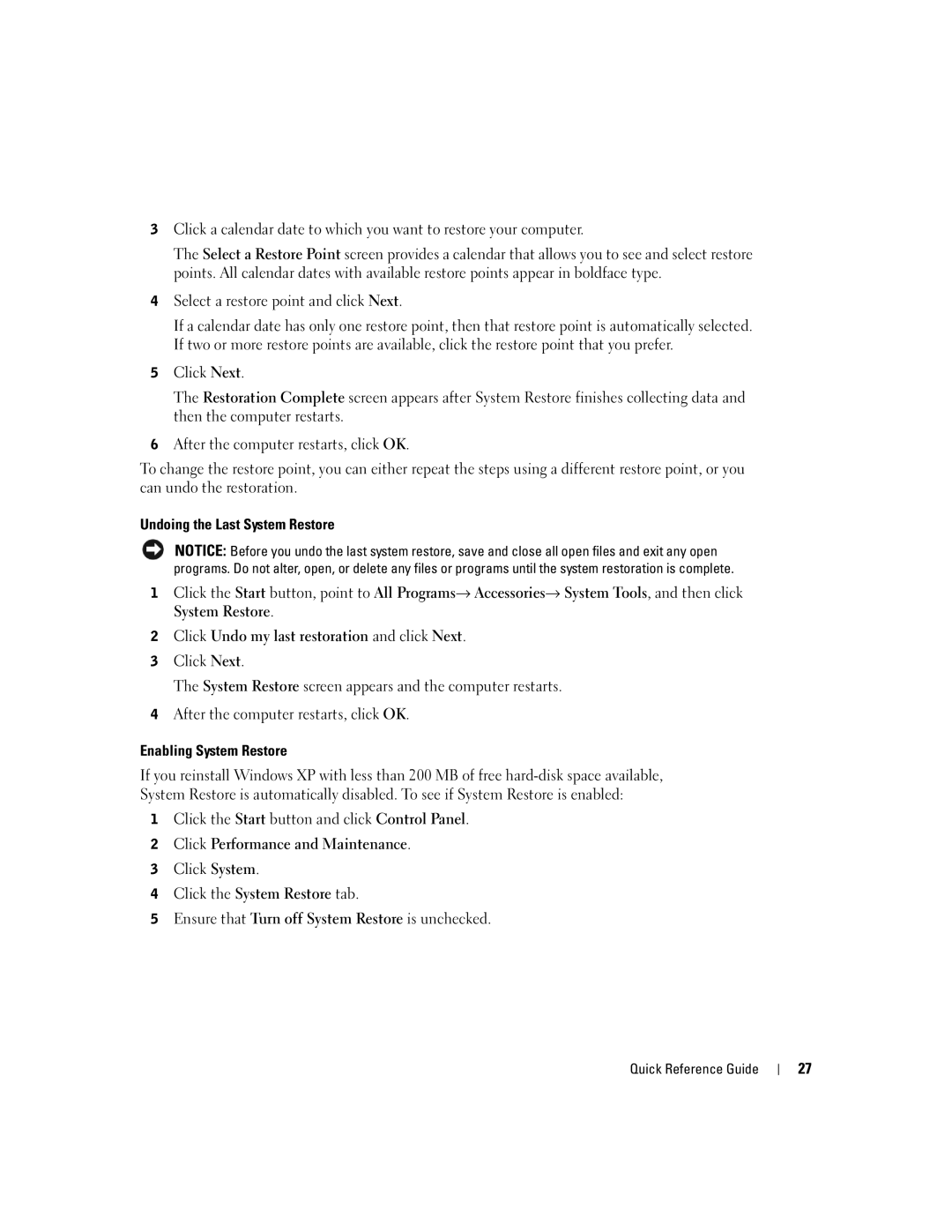 Dell dell precision workstation 370 systems manual Undoing the Last System Restore, Enabling System Restore 