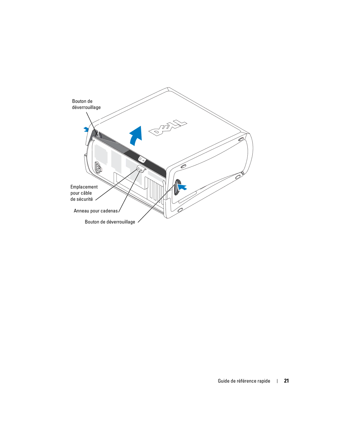 Dell dell precision workstation 370 systems manual Bouton de déverrouillage Emplacement pour câble de sécurité 