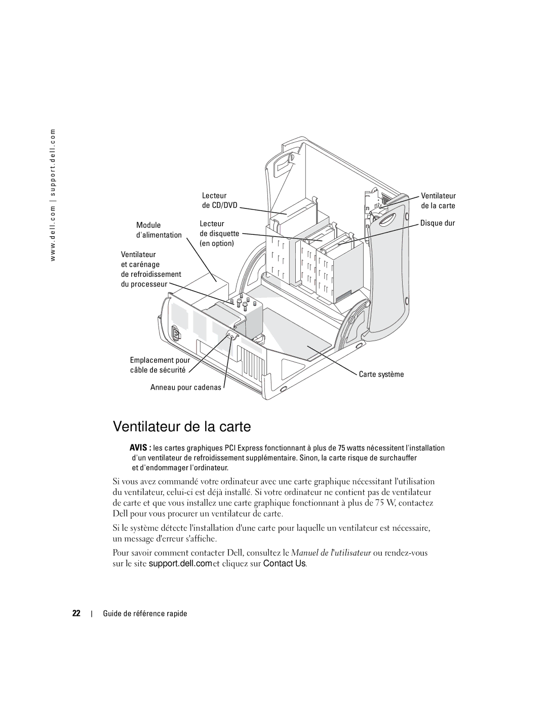 Dell dell precision workstation 370 systems manual Ventilateur de la carte, De CD/DVD, Module Lecteur 