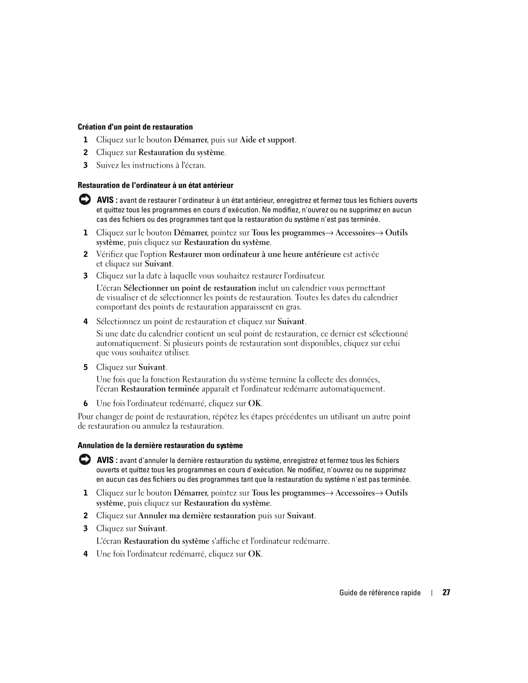 Dell dell precision workstation 370 systems manual Création dun point de restauration 