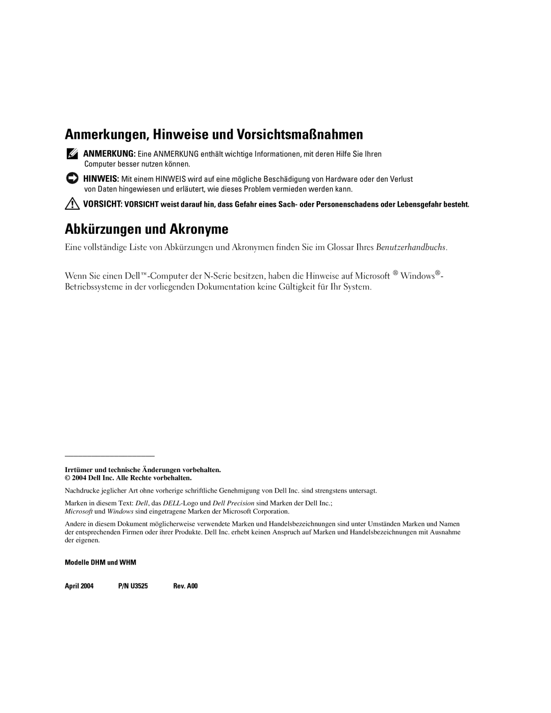 Dell dell precision workstation 370 systems manual Anmerkungen, Hinweise und Vorsichtsmaßnahmen, Abkürzungen und Akronyme 