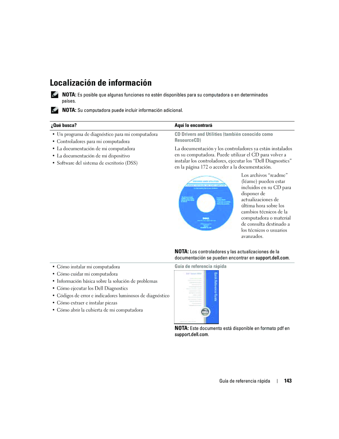 Dell dell precision workstation manual Localización de información, 143, CD Drivers and Utilities también conocido como 