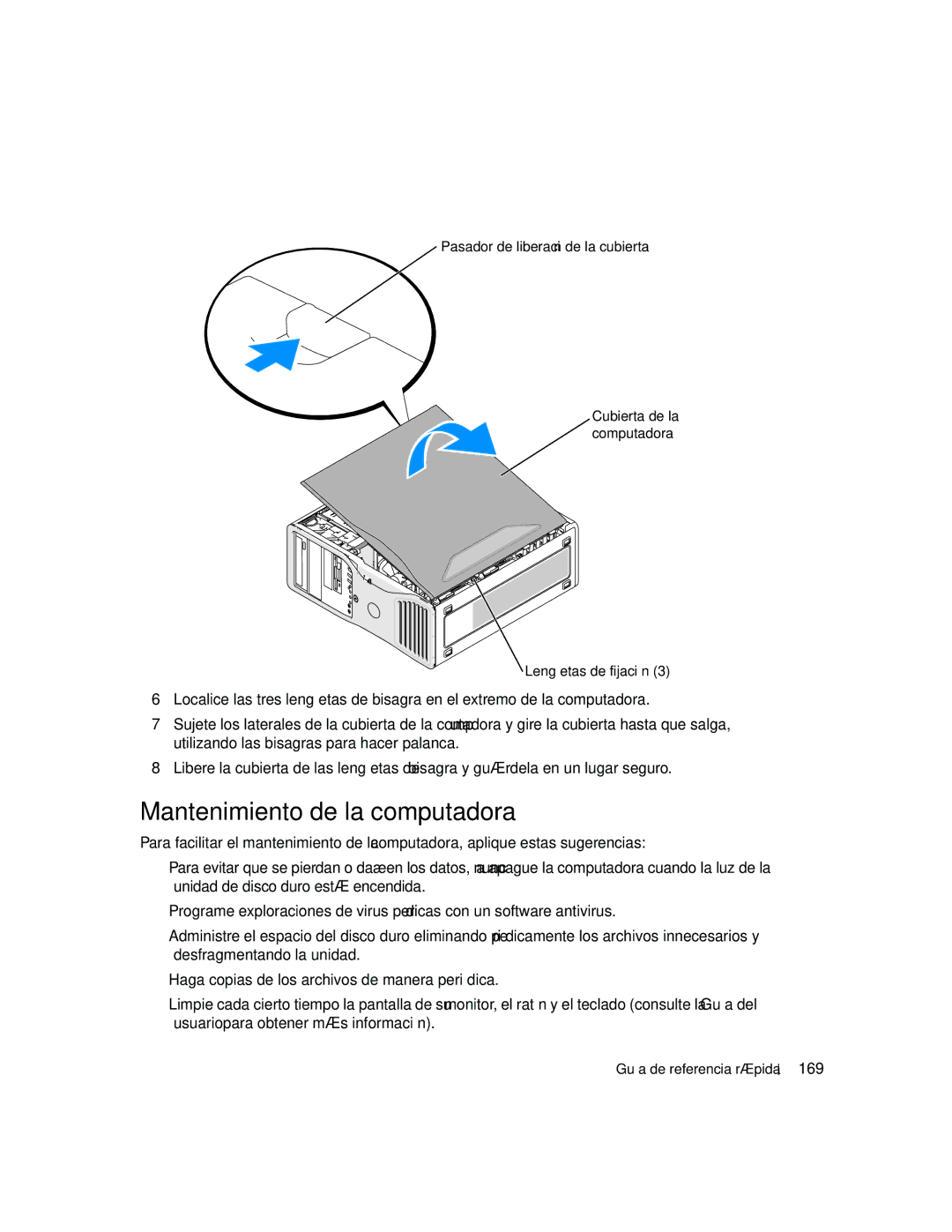 Dell dell precision workstation manual Mantenimiento de la computadora, 169, Pasador de liberación de la cubierta 