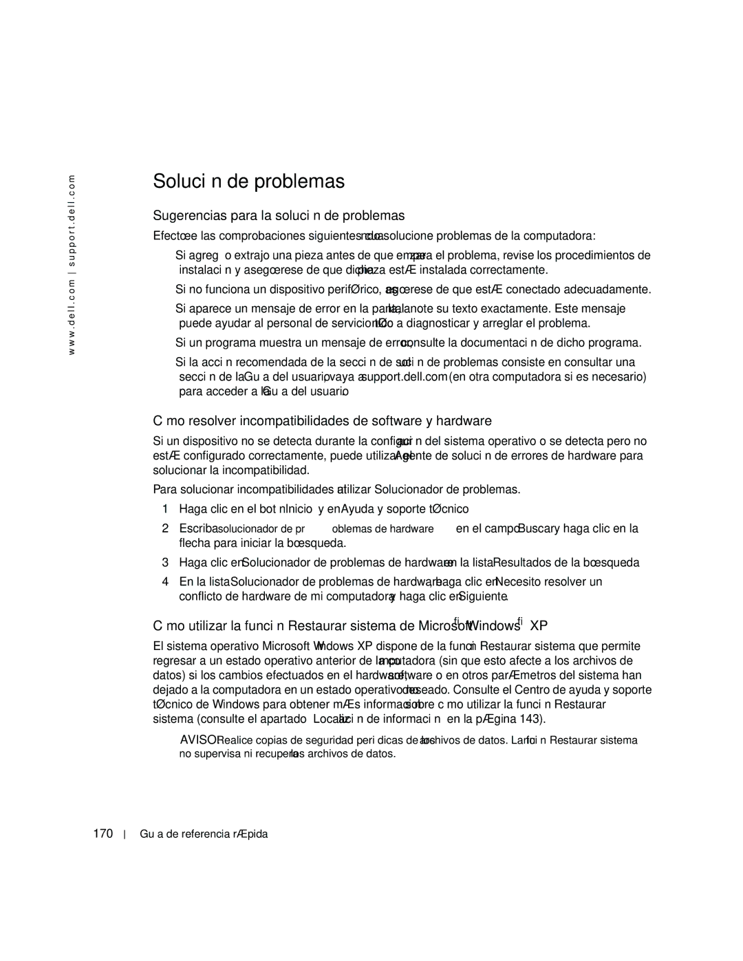 Dell dell precision workstation manual Solución de problemas, Sugerencias para la solución de problemas, 170 