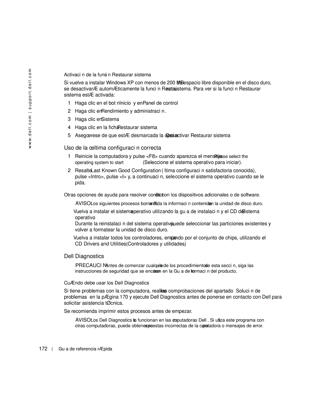 Dell dell precision workstation Uso de la última configuración correcta, Activación de la función Restaurar sistema, 172 