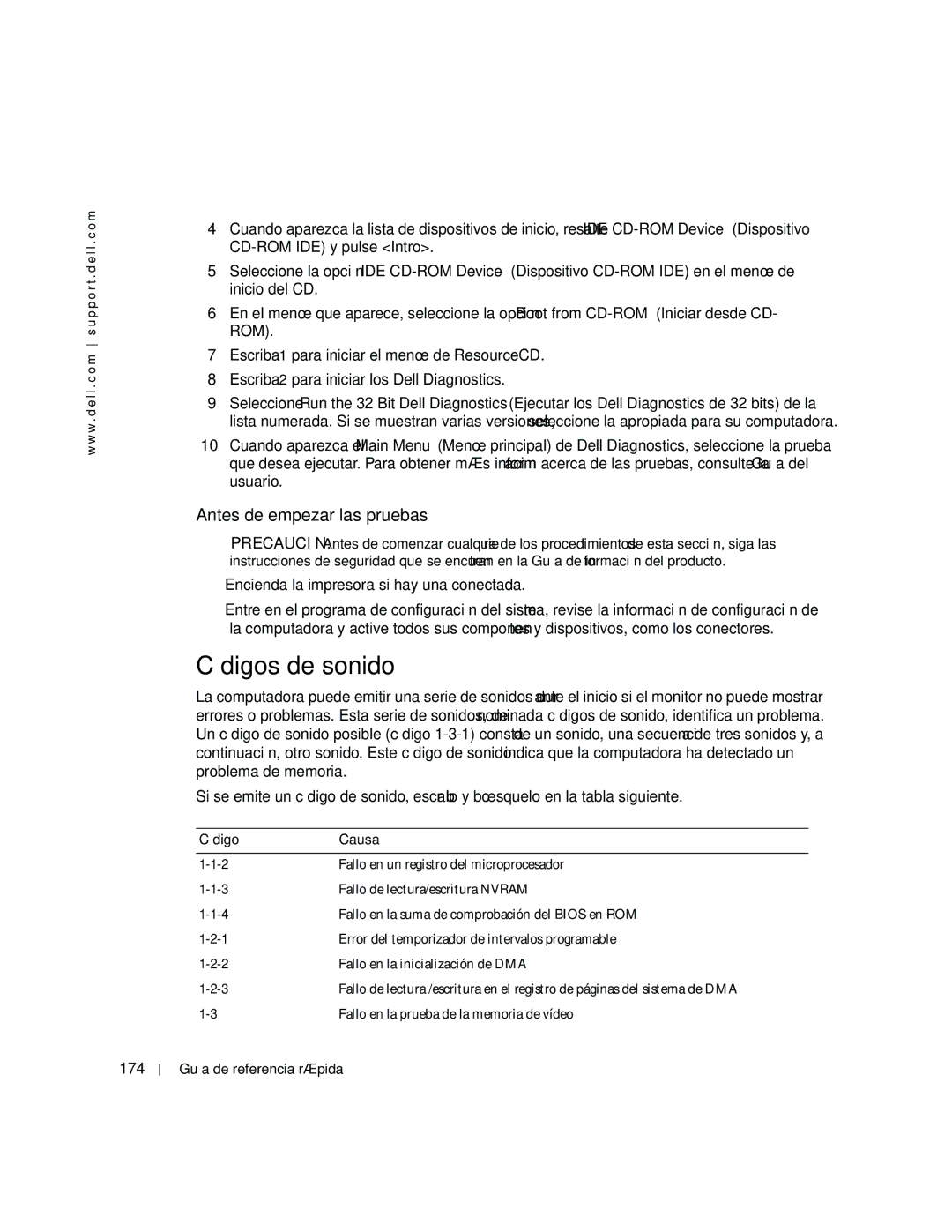 Dell dell precision workstation manual Códigos de sonido, Antes de empezar las pruebas, 174 