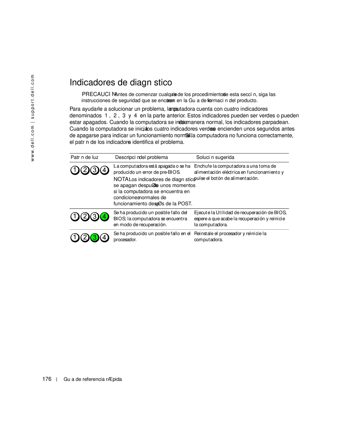 Dell dell precision workstation Indicadores de diagnóstico, 176, Patrón de luz Descripción del problema Solución sugerida 