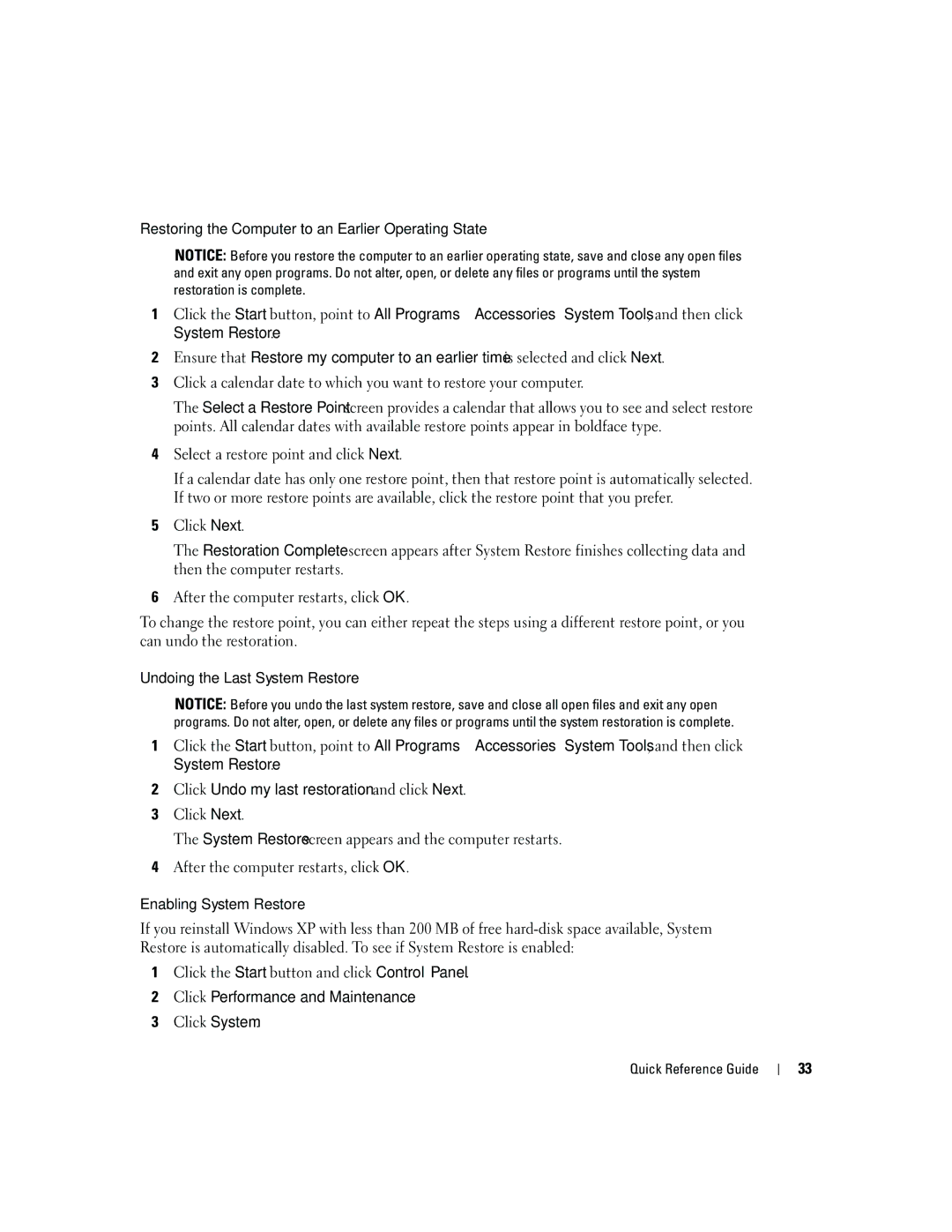 Dell dell precision workstation Restoring the Computer to an Earlier Operating State, Undoing the Last System Restore 