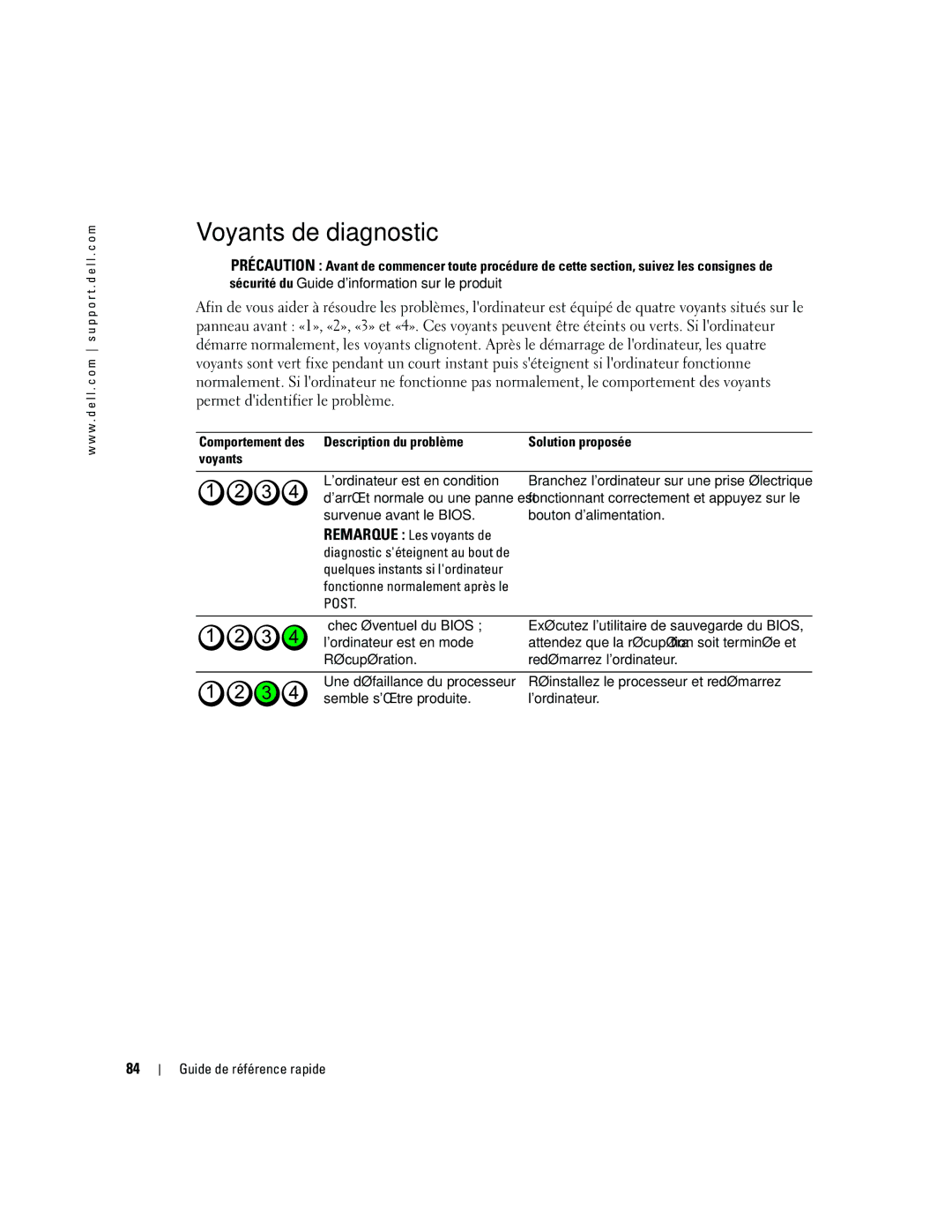 Dell dell precision workstation manual Voyants de diagnostic, Remarque Les voyants de 