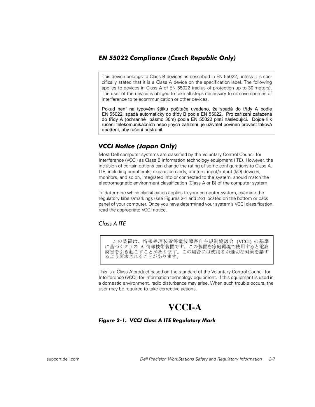 Dell dell precision workstations manual EN 55022 Compliance Czech Republic Only, Vcci Notice Japan Only 