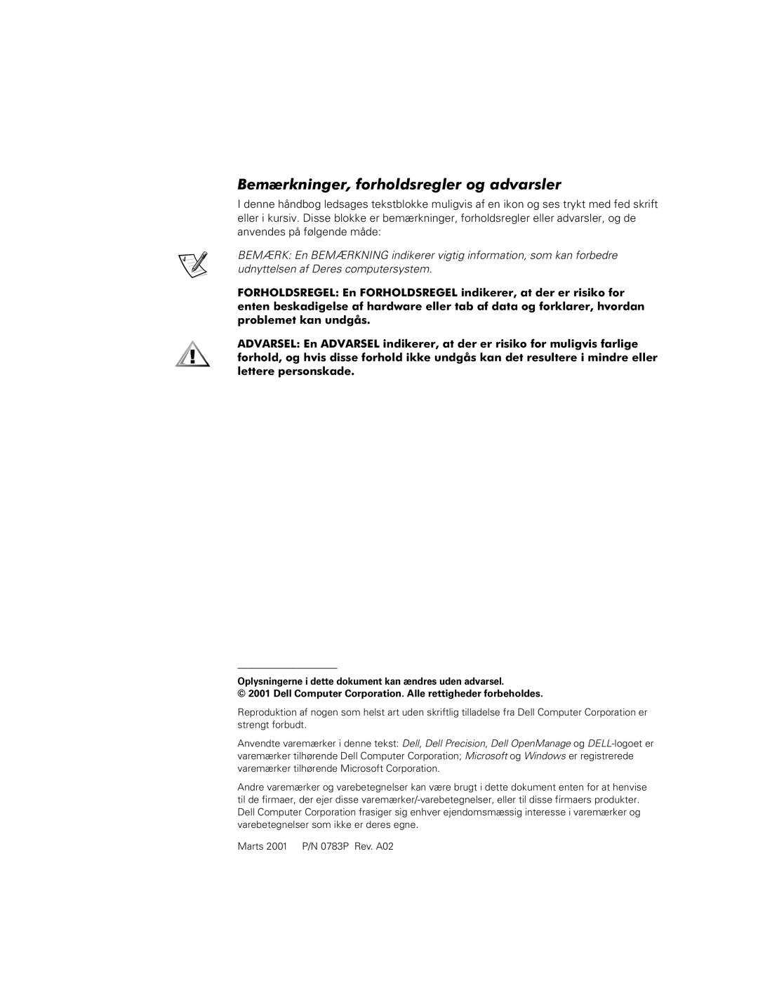 Dell dell precision workstations manual Bemærkninger, forholdsregler og advarsler 