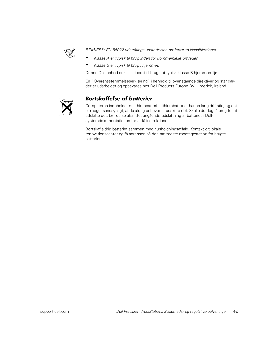 Dell dell precision workstations manual Bortskaffelse af batterier 