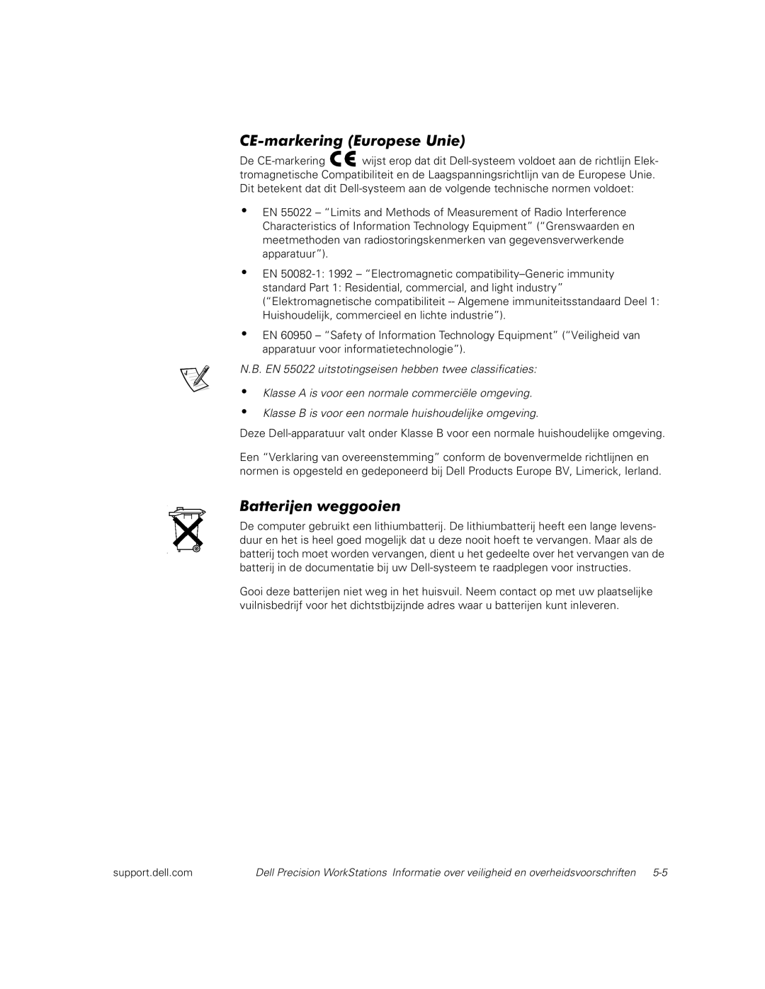 Dell dell precision workstations manual CE-markering Europese Unie, Batterijen weggooien 