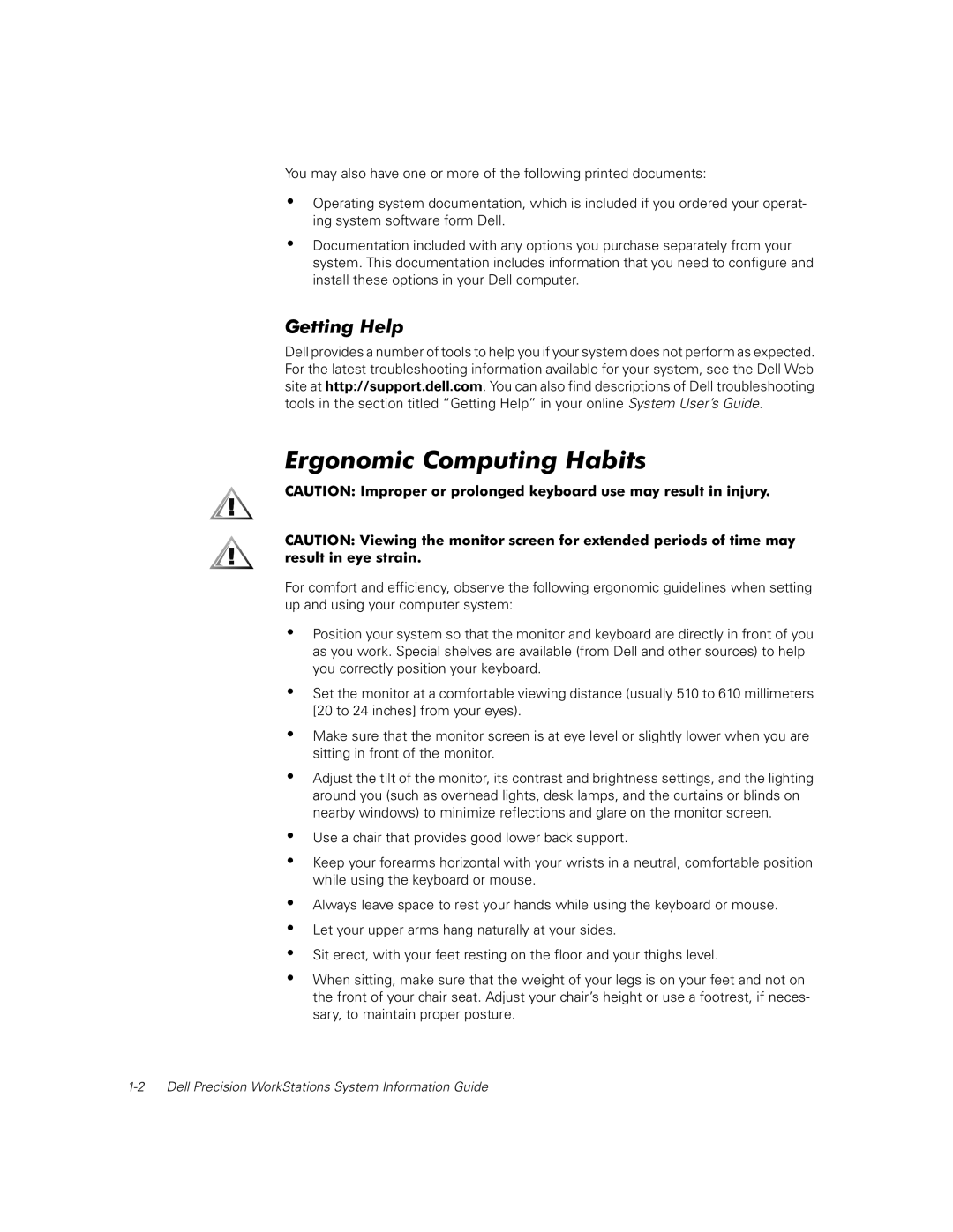 Dell dell precision workstations manual Ergonomic Computing Habits, Getting Help 