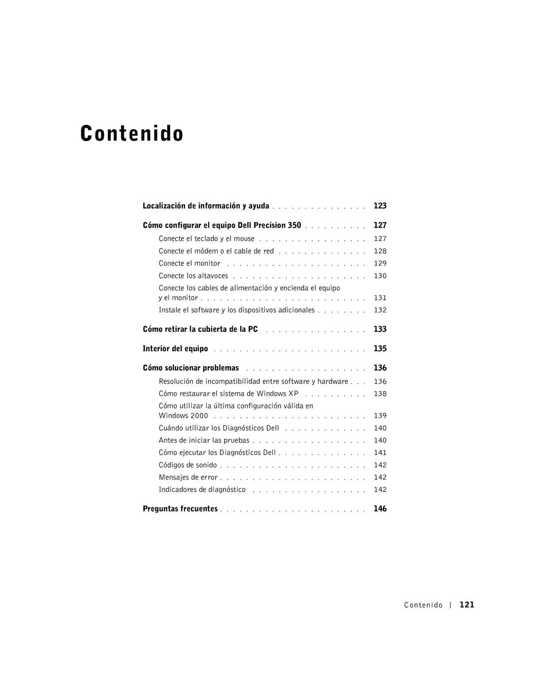 Dell dell precision manual Conecte el módem o el cable de red 128, 129, 130, 131, 135, 136, 139, 142, 146, Contenido 121 