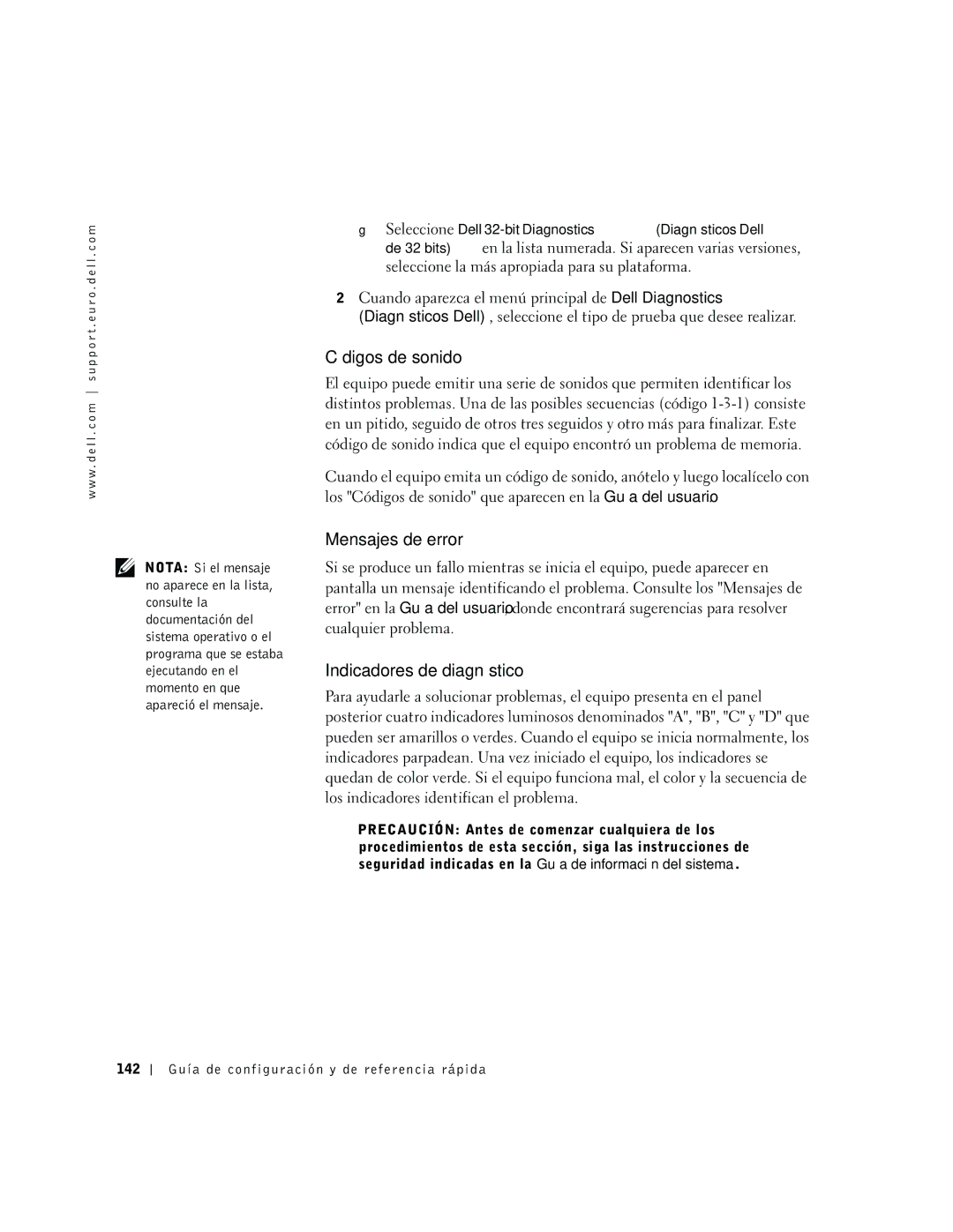 Dell dell precision manual Códigos de sonido, Mensajes de error, Indicadores de diagnóstico 