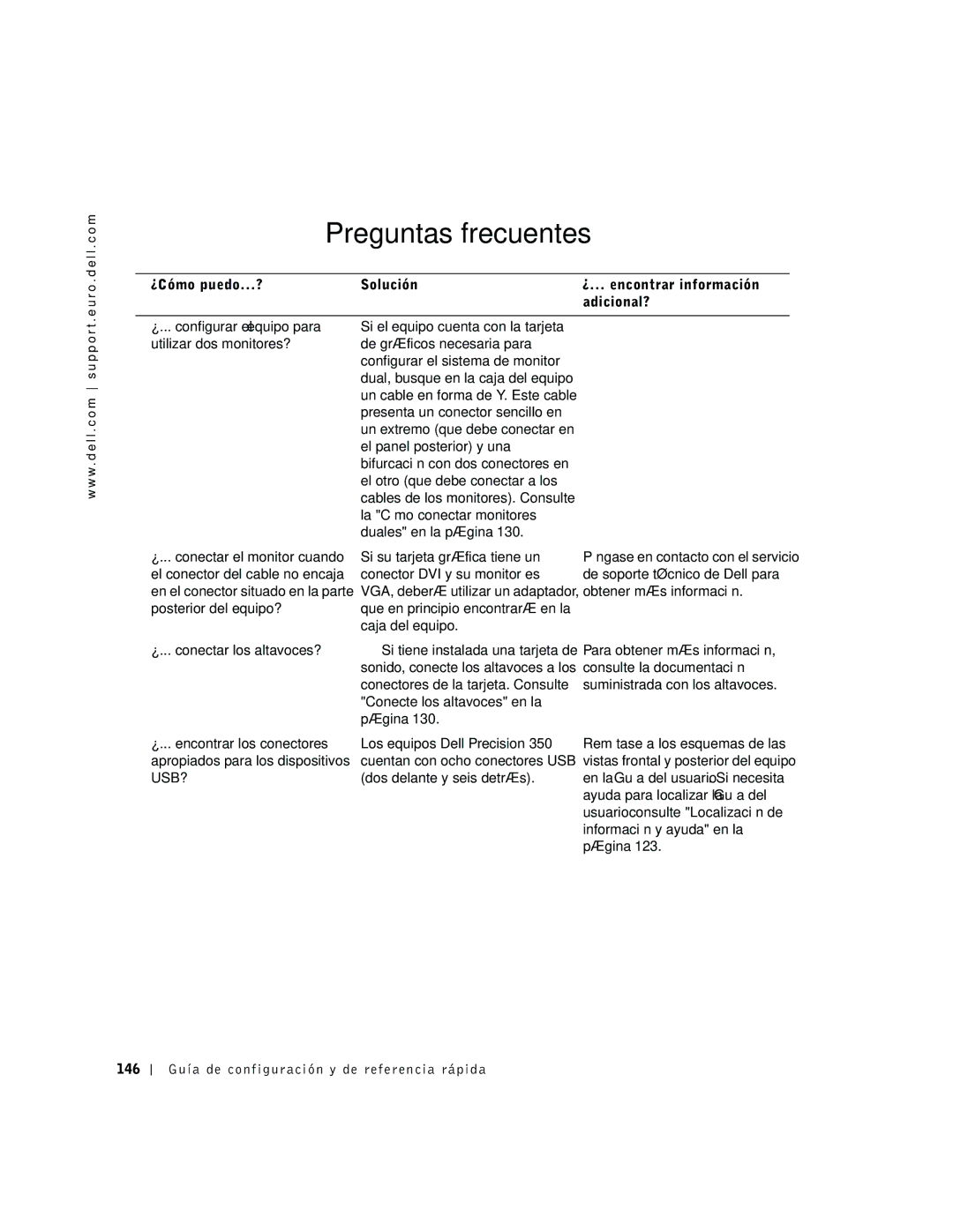 Dell dell precision manual Preguntas frecuentes, 146 Guía de configuración y de referencia rápida 