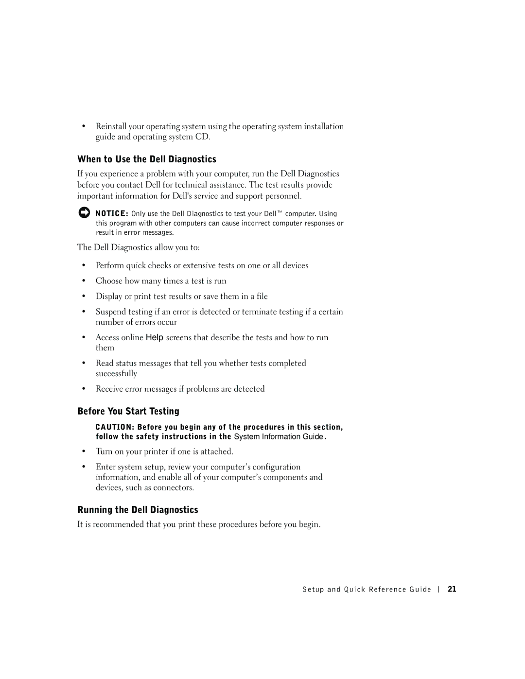 Dell dell precision manual When to Use the Dell Diagnostics, Before You Start Testing, Running the Dell Diagnostics 