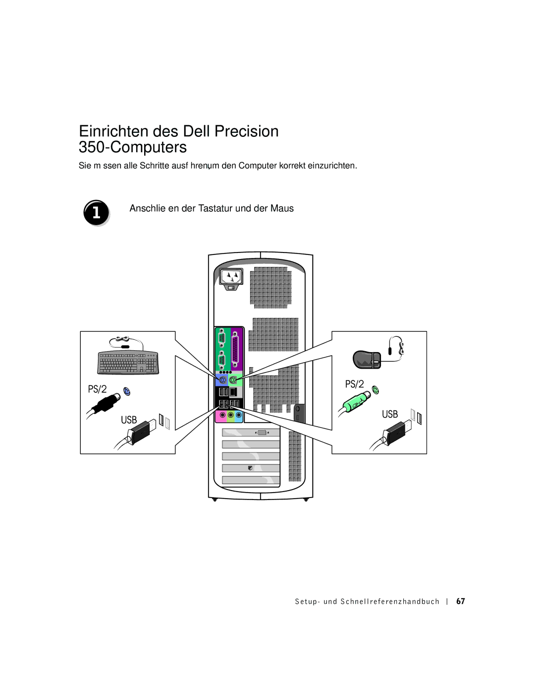 Dell dell precision manual Einrichten des Dell Precision 350-Computers, Anschließen der Tastatur und der Maus 