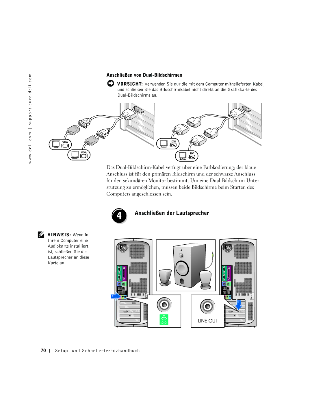 Dell dell precision manual Anschließen der Lautsprecher, Anschließen von Dual-Bildschirmen 