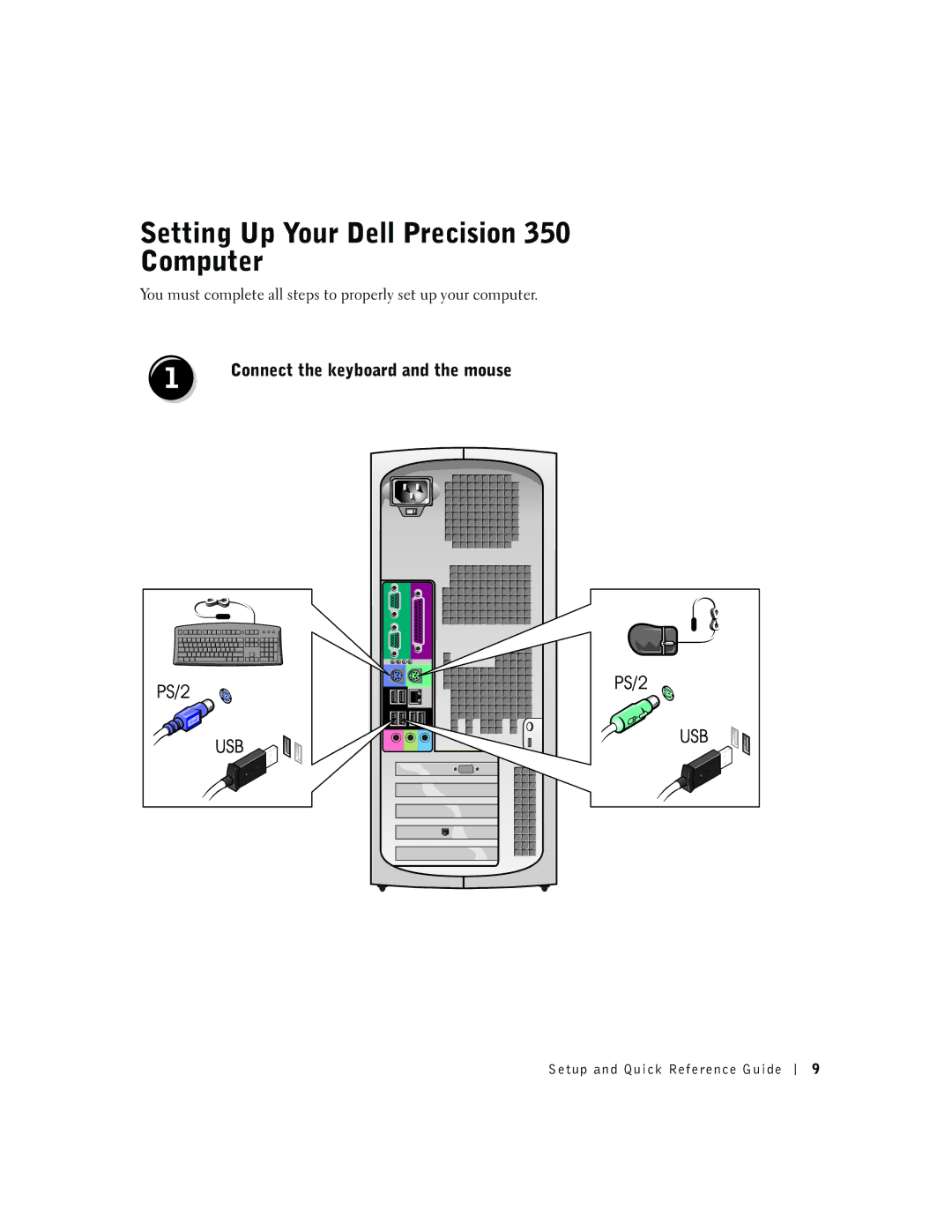 Dell dell precision manual Setting Up Your Dell Precision 350 Computer, Connect the keyboard and the mouse 