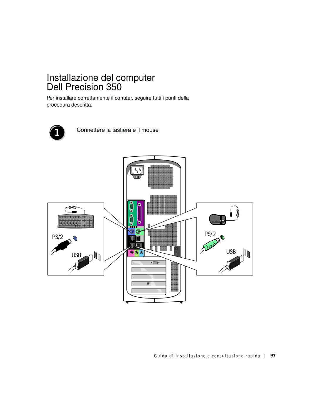 Dell dell precision manual Installazione del computer Dell Precision, Connettere la tastiera e il mouse 