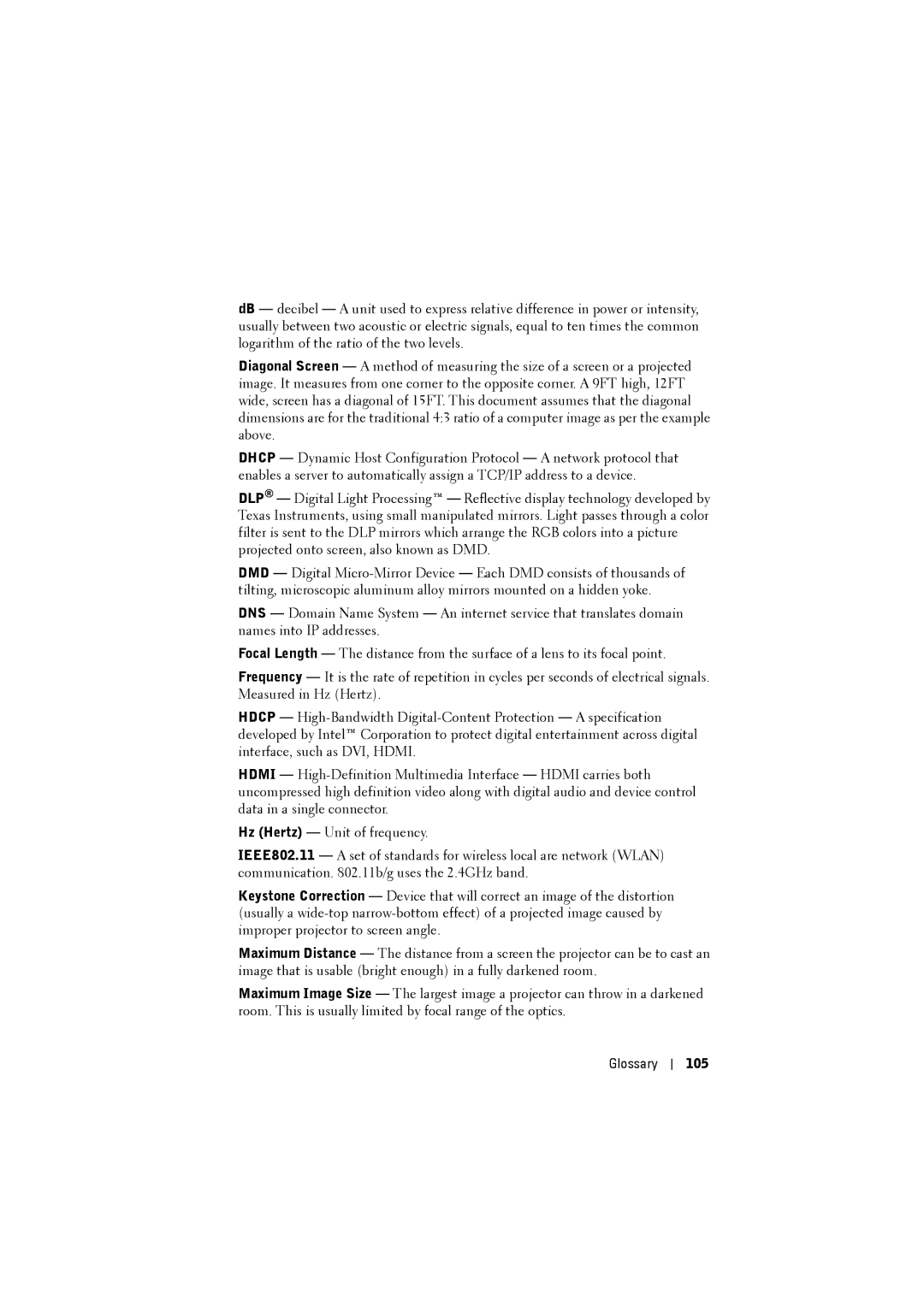 Dell dell projector manual Glossary 105 