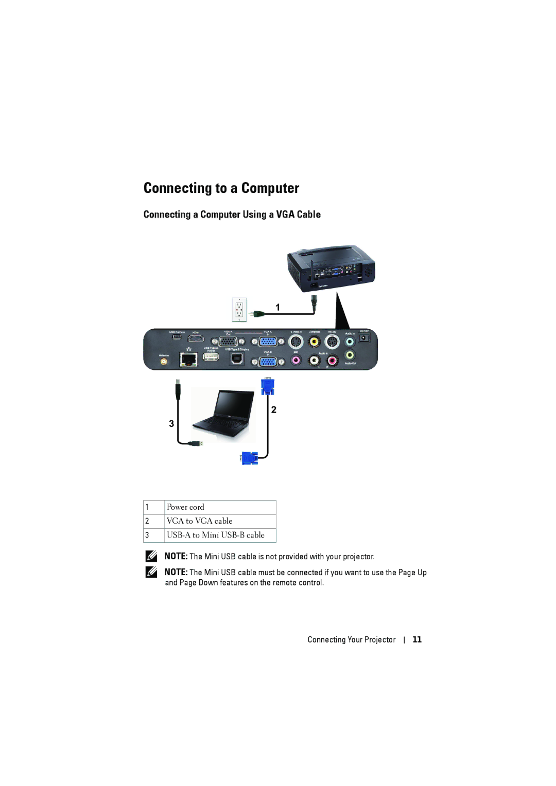 Dell dell projector manual Connecting to a Computer, Connecting a Computer Using a VGA Cable 