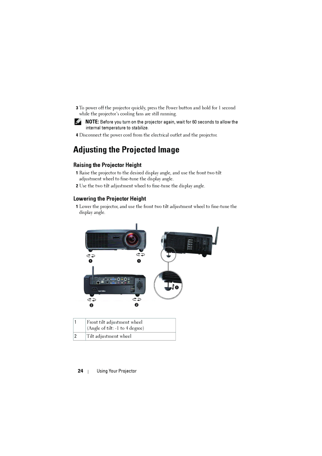 Dell dell projector manual Adjusting the Projected Image, Raising the Projector Height, Lowering the Projector Height 