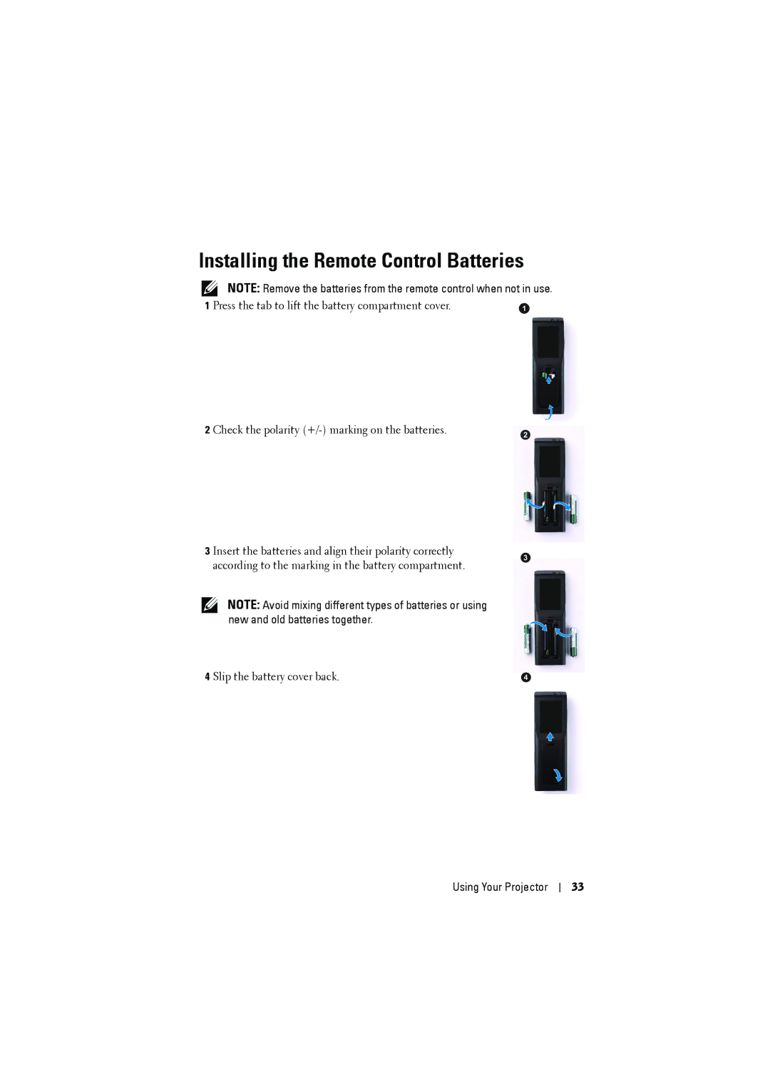 Dell dell projector manual Installing the Remote Control Batteries 