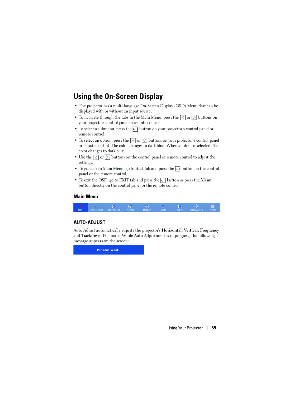 Dell dell projector manual Using the On-Screen Display, Main Menu 