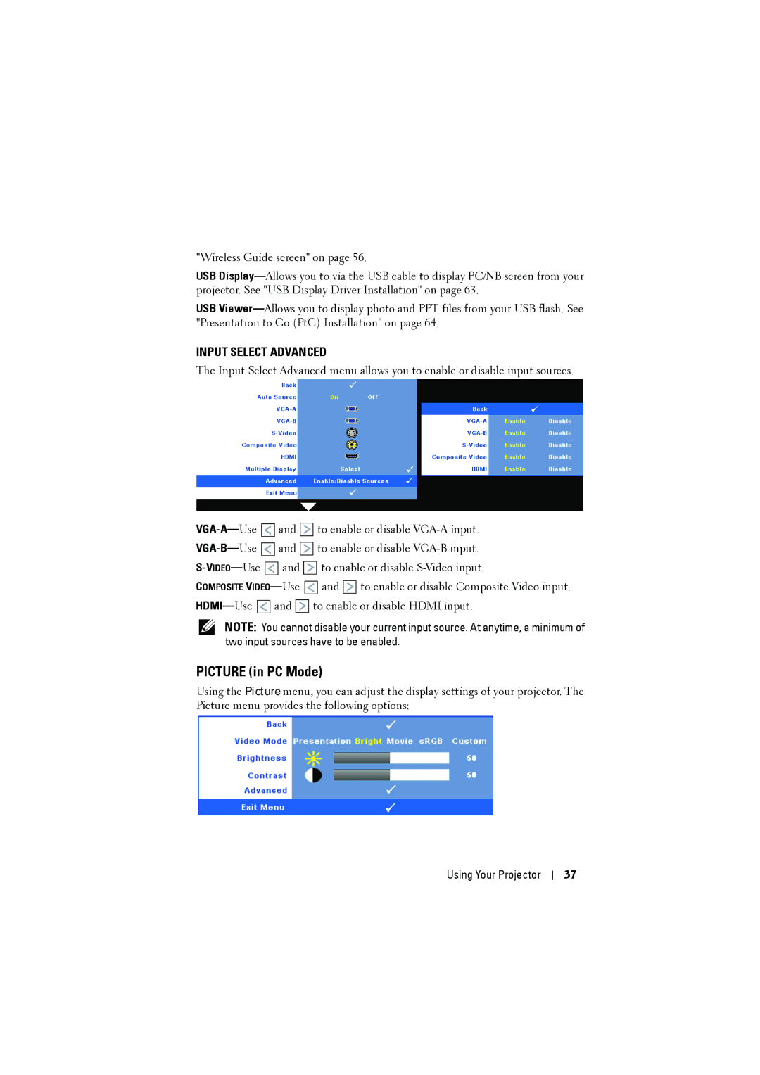 Dell dell projector manual Picture in PC Mode, Input Select Advanced 