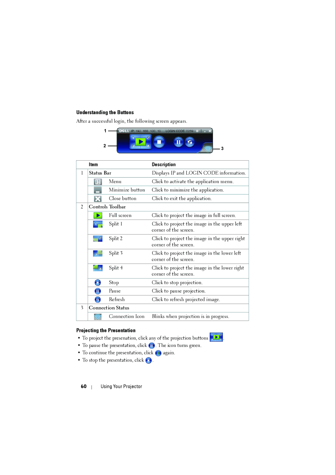 Dell dell projector manual Understanding the Buttons, Projecting the Presentation, Status Bar, Controls Toolbar 