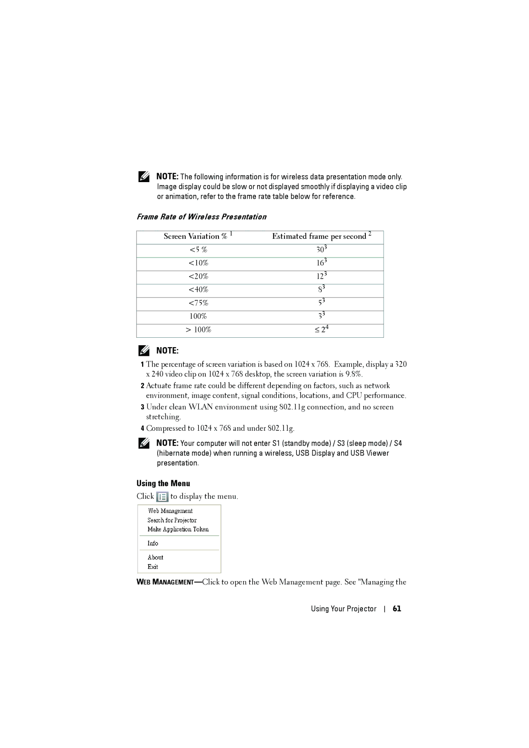 Dell dell projector manual Using the Menu, Screen Variation % Estimated frame per second 