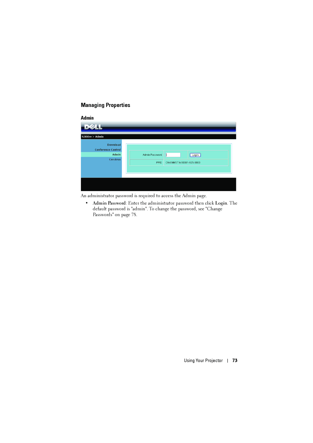 Dell dell projector manual Managing Properties, Admin 