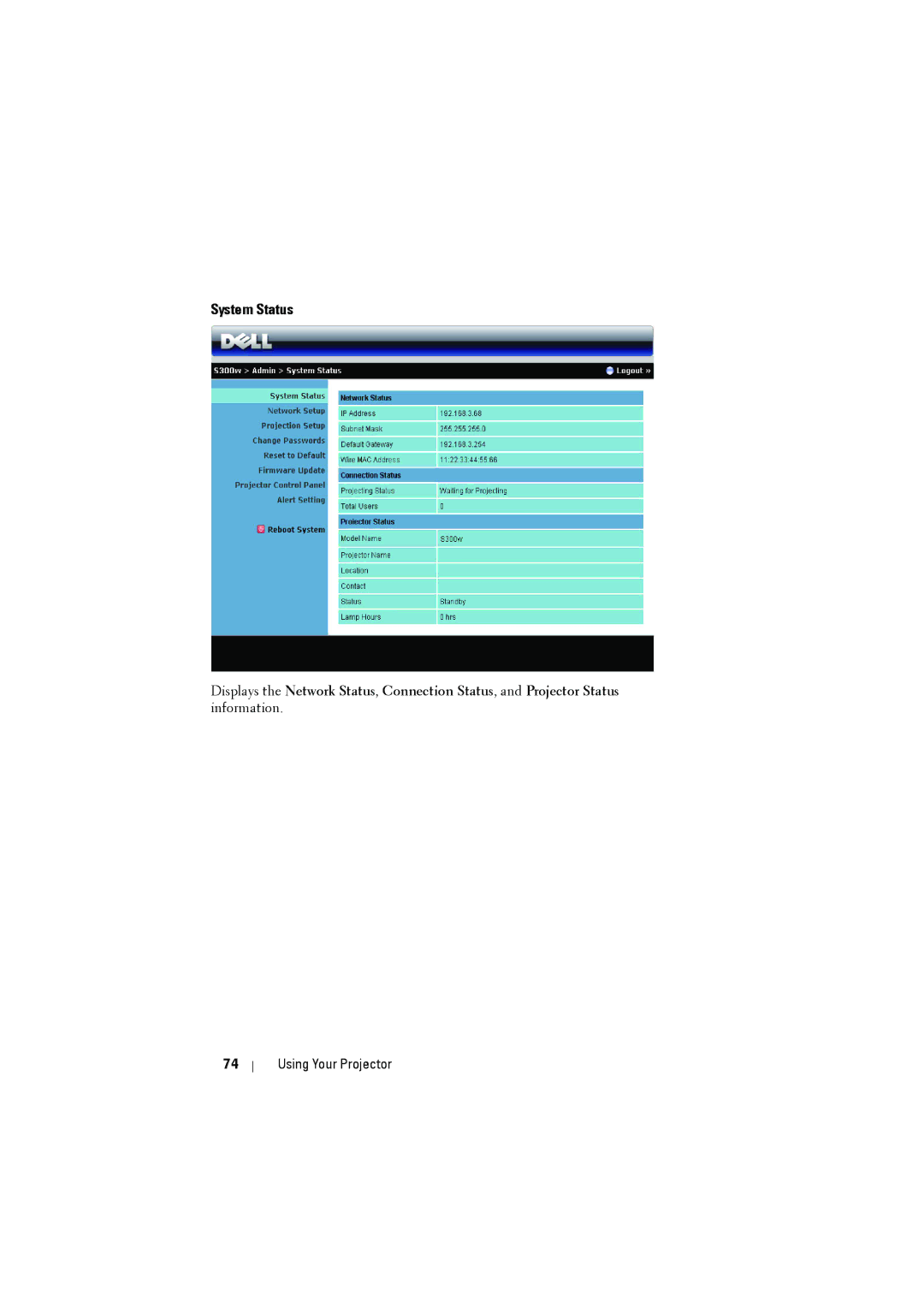 Dell dell projector manual System Status 