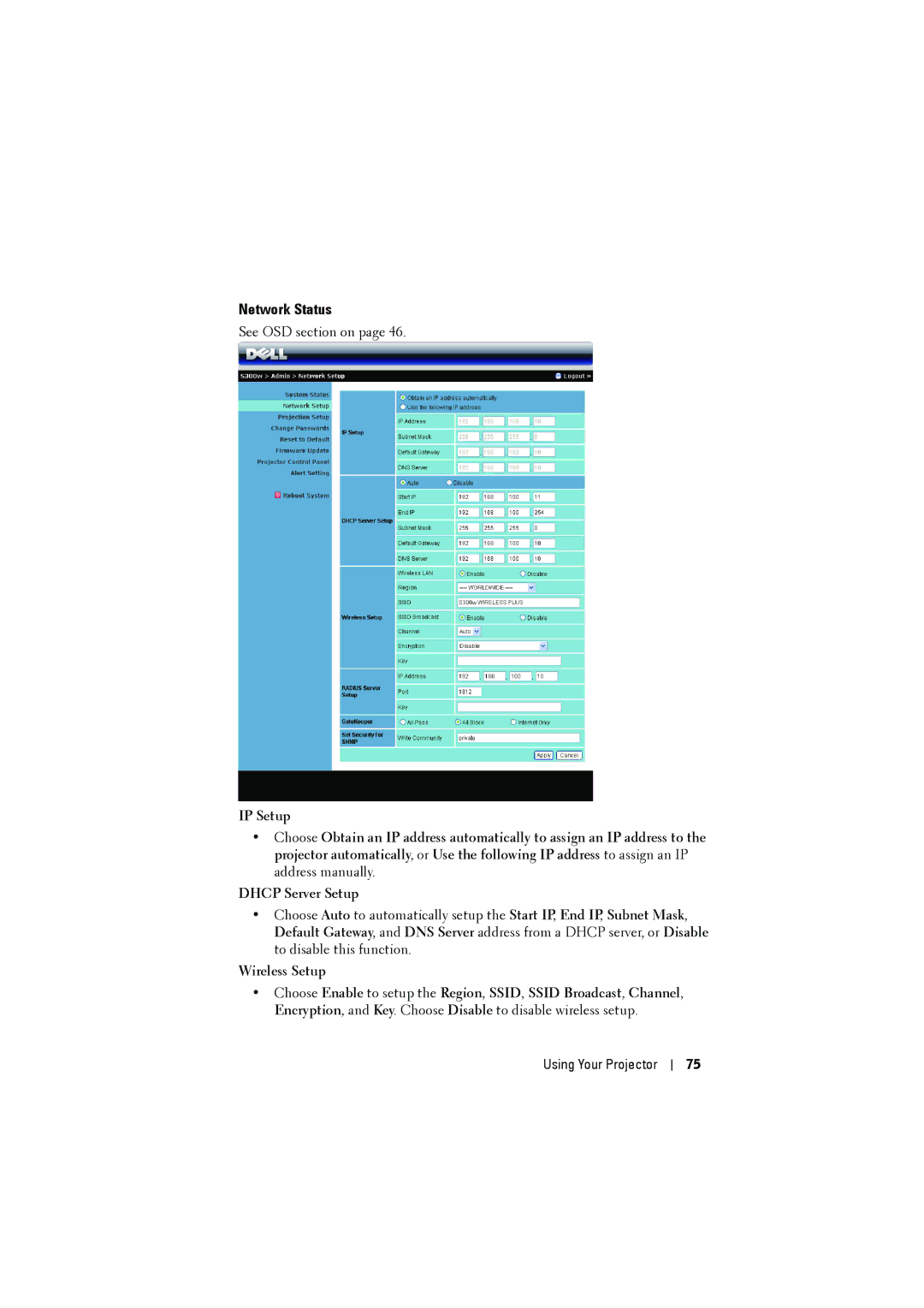 Dell dell projector manual Network Status 