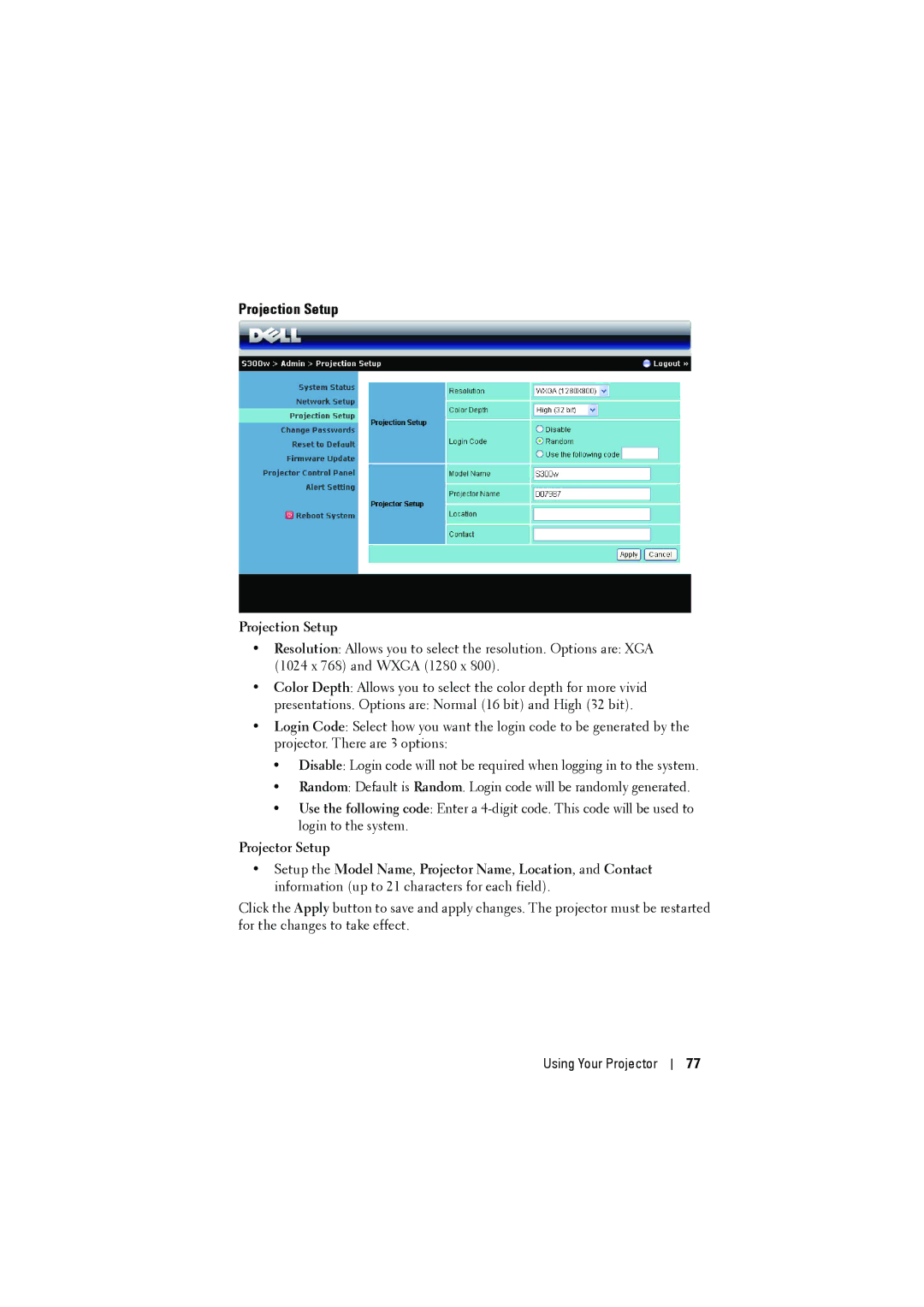 Dell dell projector manual Projection Setup 