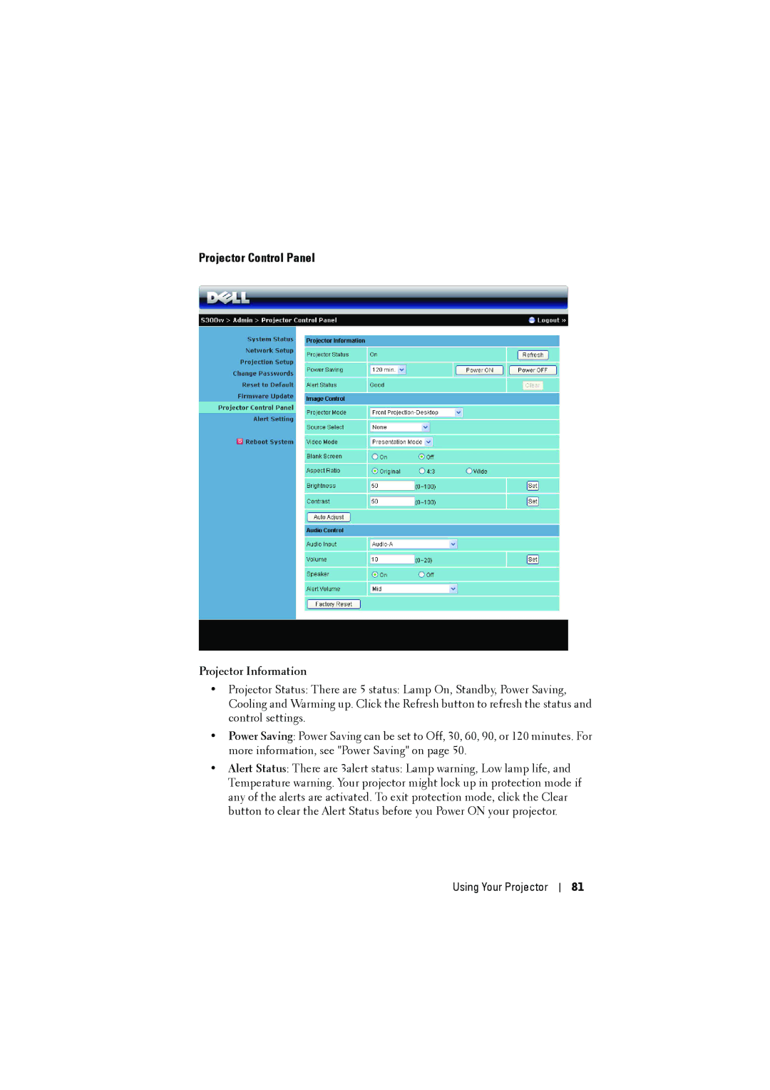 Dell dell projector manual Projector Control Panel, Projector Information 