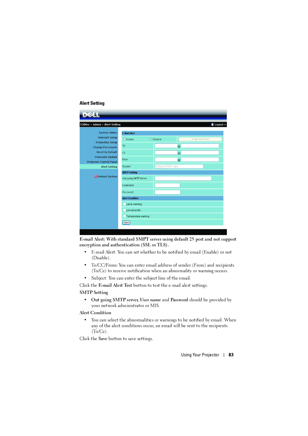 Dell dell projector manual Alert Setting 