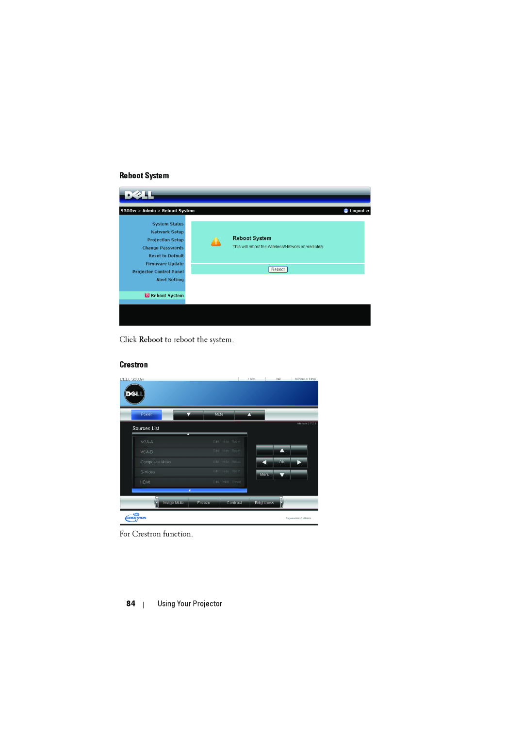 Dell dell projector manual Reboot System, Crestron 
