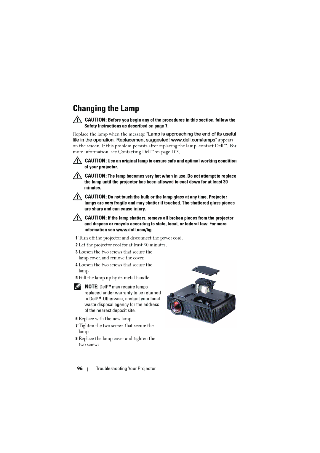 Dell dell projector manual Changing the Lamp 