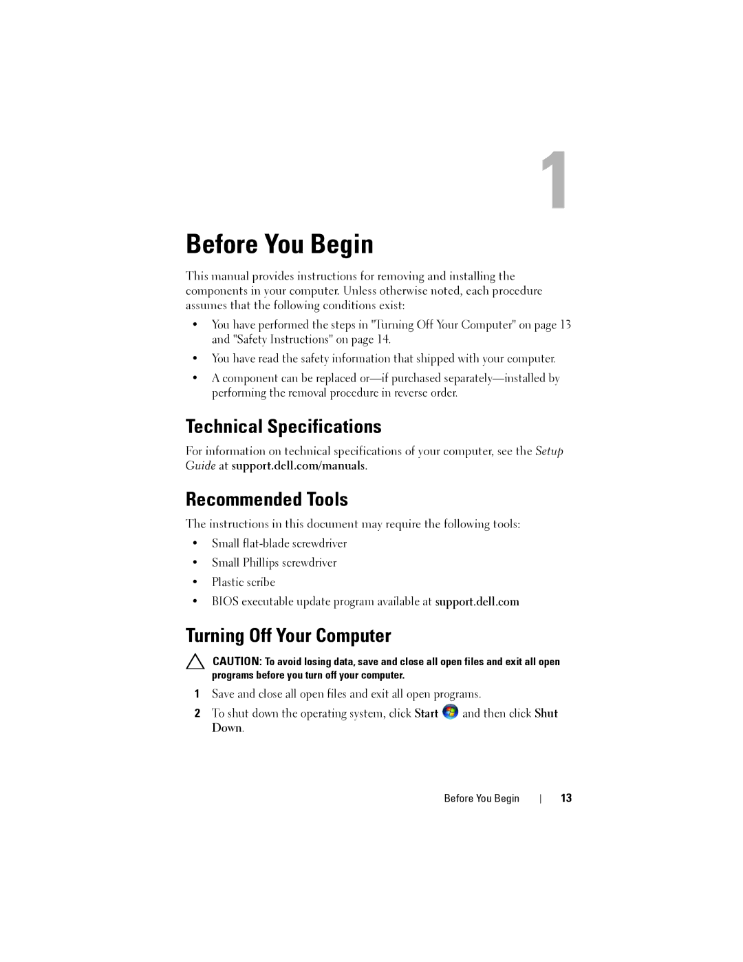 Dell Dell XPS 8300 service manual Before You Begin, Technical Specifications Recommended Tools, Turning Off Your Computer 