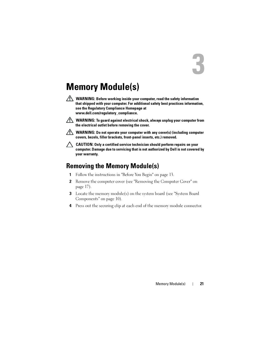 Dell Dell XPS 8300 service manual Removing the Memory Modules 