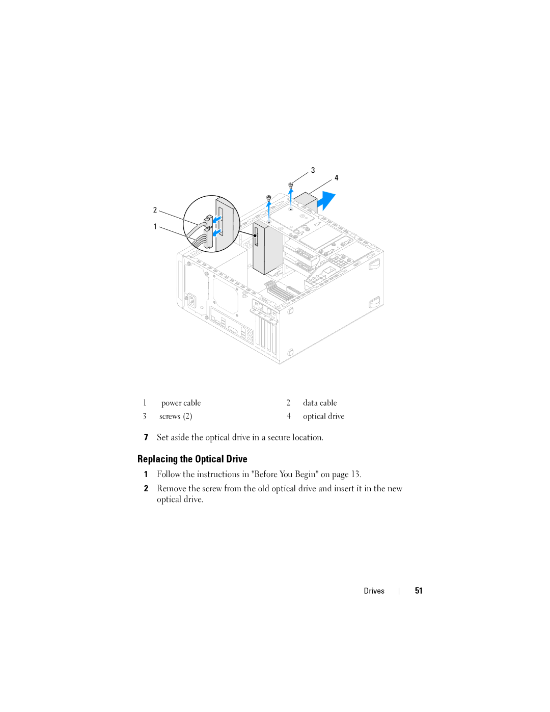 Dell Dell XPS 8300 service manual Replacing the Optical Drive 