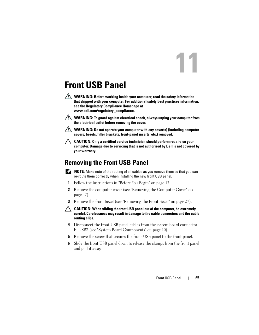 Dell Dell XPS 8300 service manual Removing the Front USB Panel 